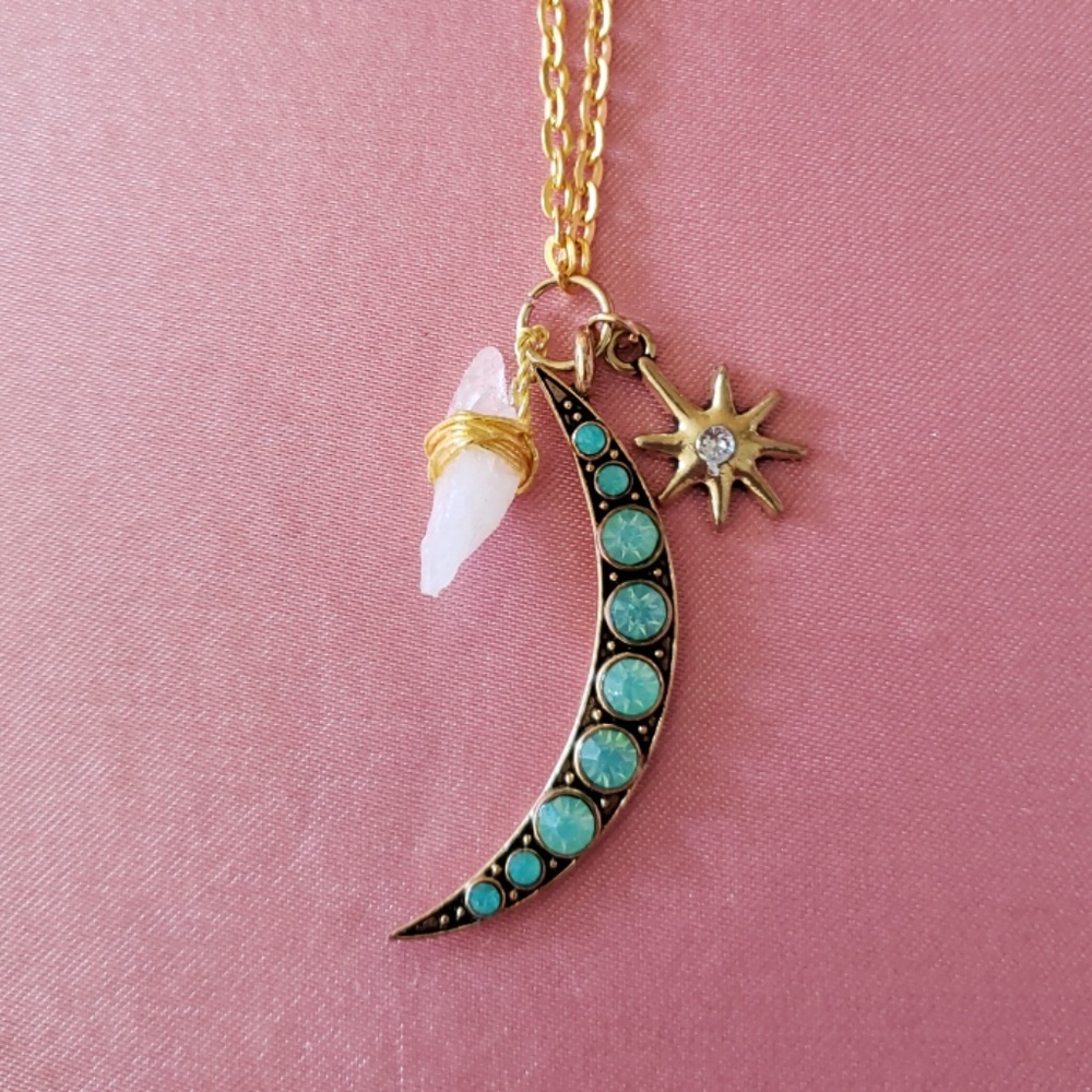 NWOT! Boho quartz stone, moon and star necklace